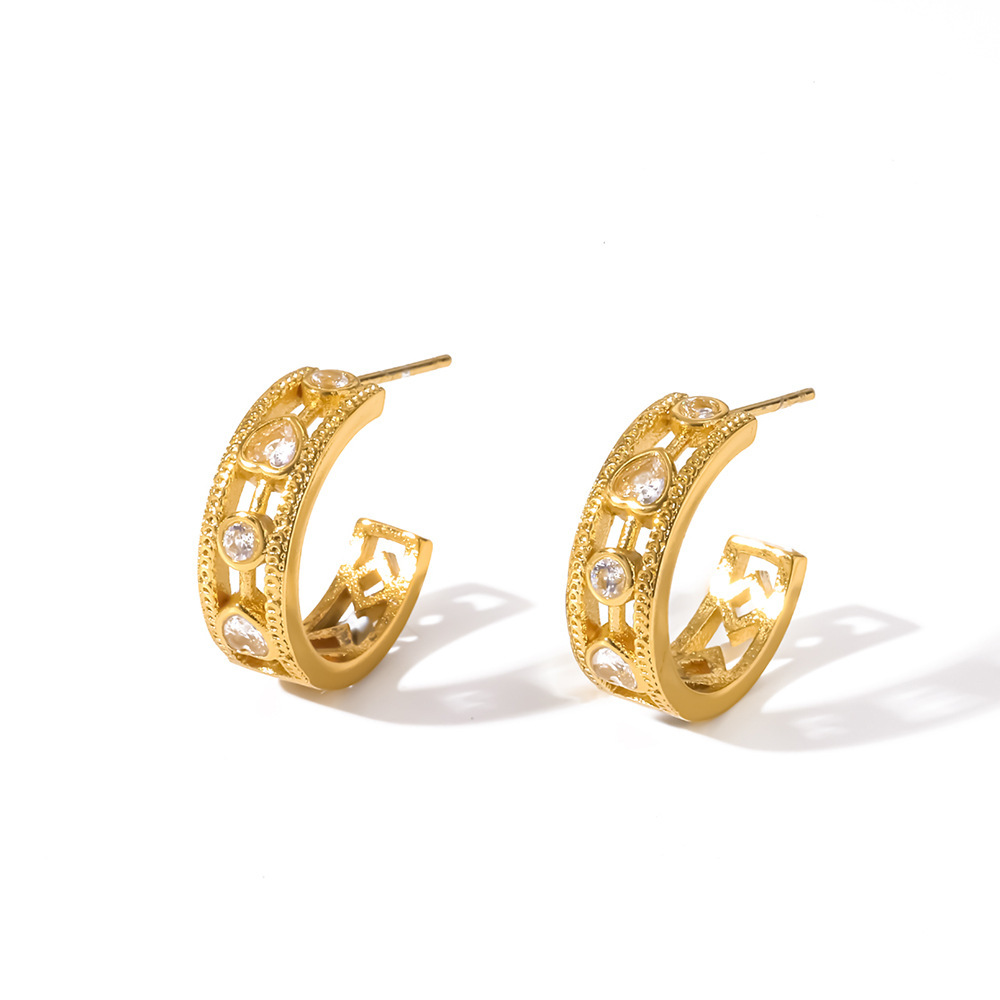 Simple Series Daily Irregular Shape Heart Stainless Steel Waterproof   Gold Color  Zircon Women's Stud Earrings Picture4