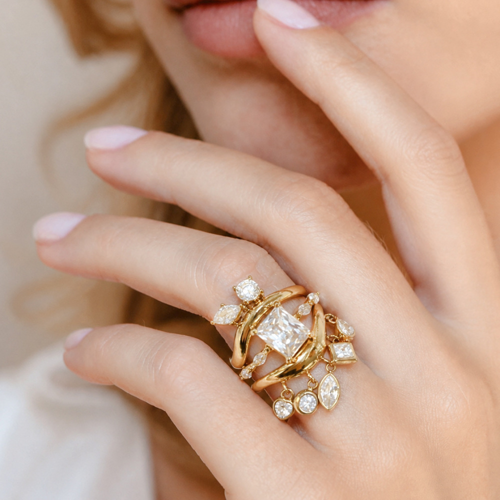 Luxurious Series Daily Droplet Irregular Shape Stainless Steel Waterproof Gold Color Zircon Women's Gemstone Rings Picture2