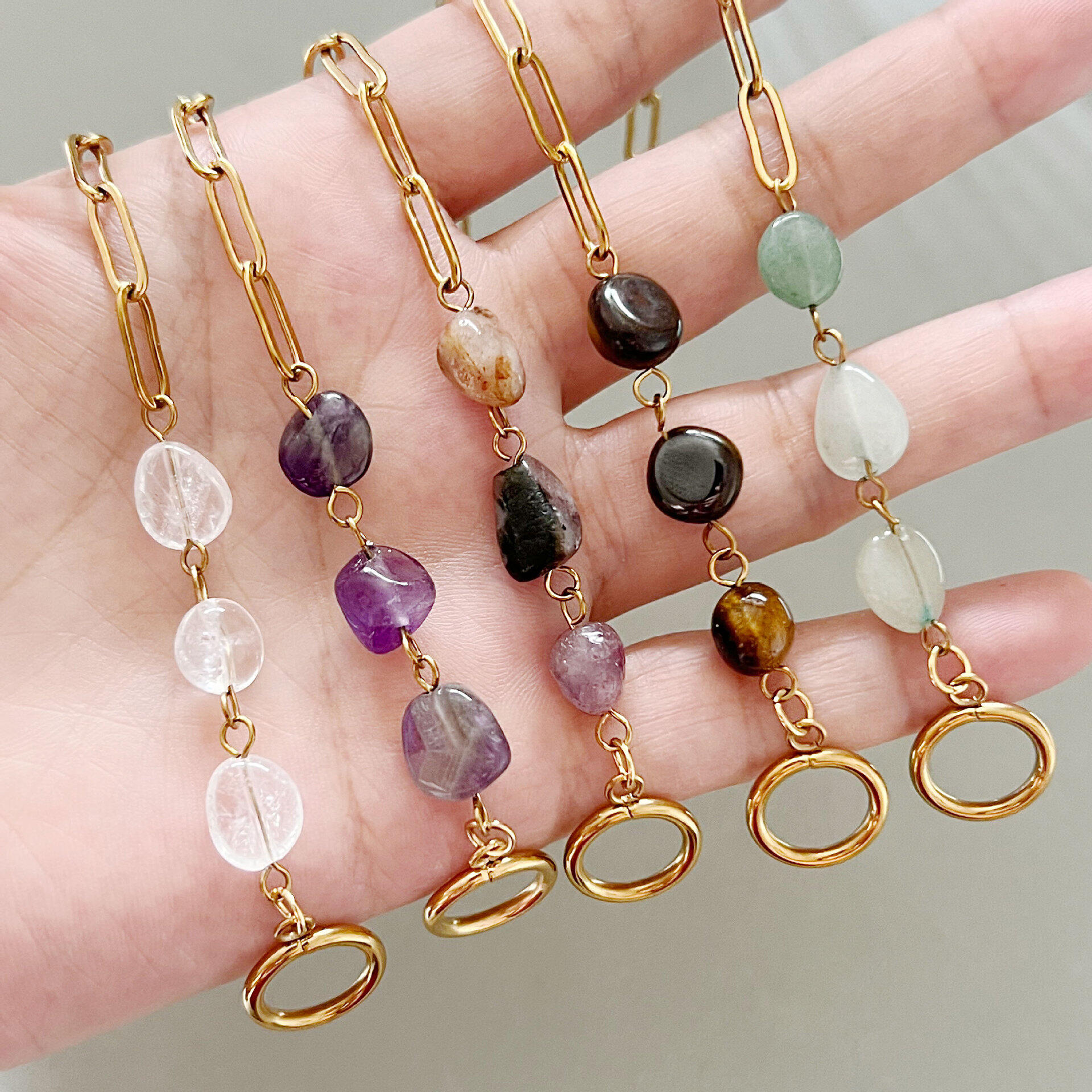 Einfache Retro-Armbänder Mit Unregelmäßig Geformten Perlen Aus Edelstahl, Wasserdicht, Goldfarben, Mit Natursteinen Bild2