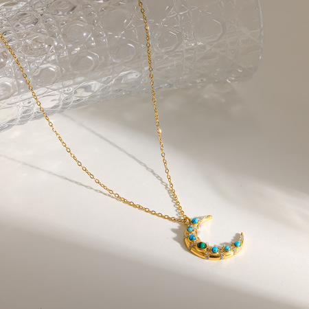 Romantic Series Casual Moon Stainless Steel Waterproof   Gold Color  Women's Pendant Necklaces