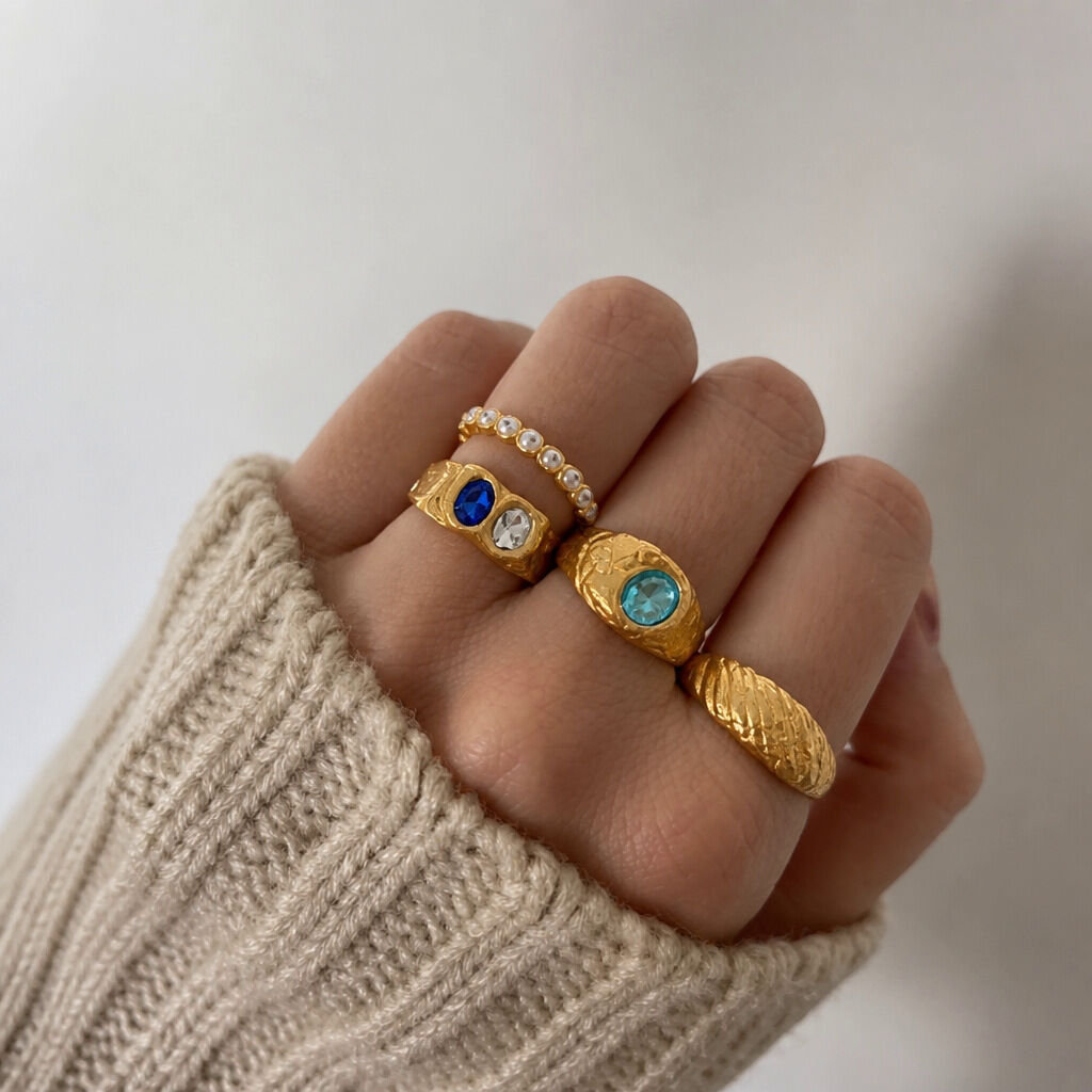 Luxurious Series Retro Circle Stainless Steel Waterproof Gold Color Zircon Women's Gemstone Rings Picture2