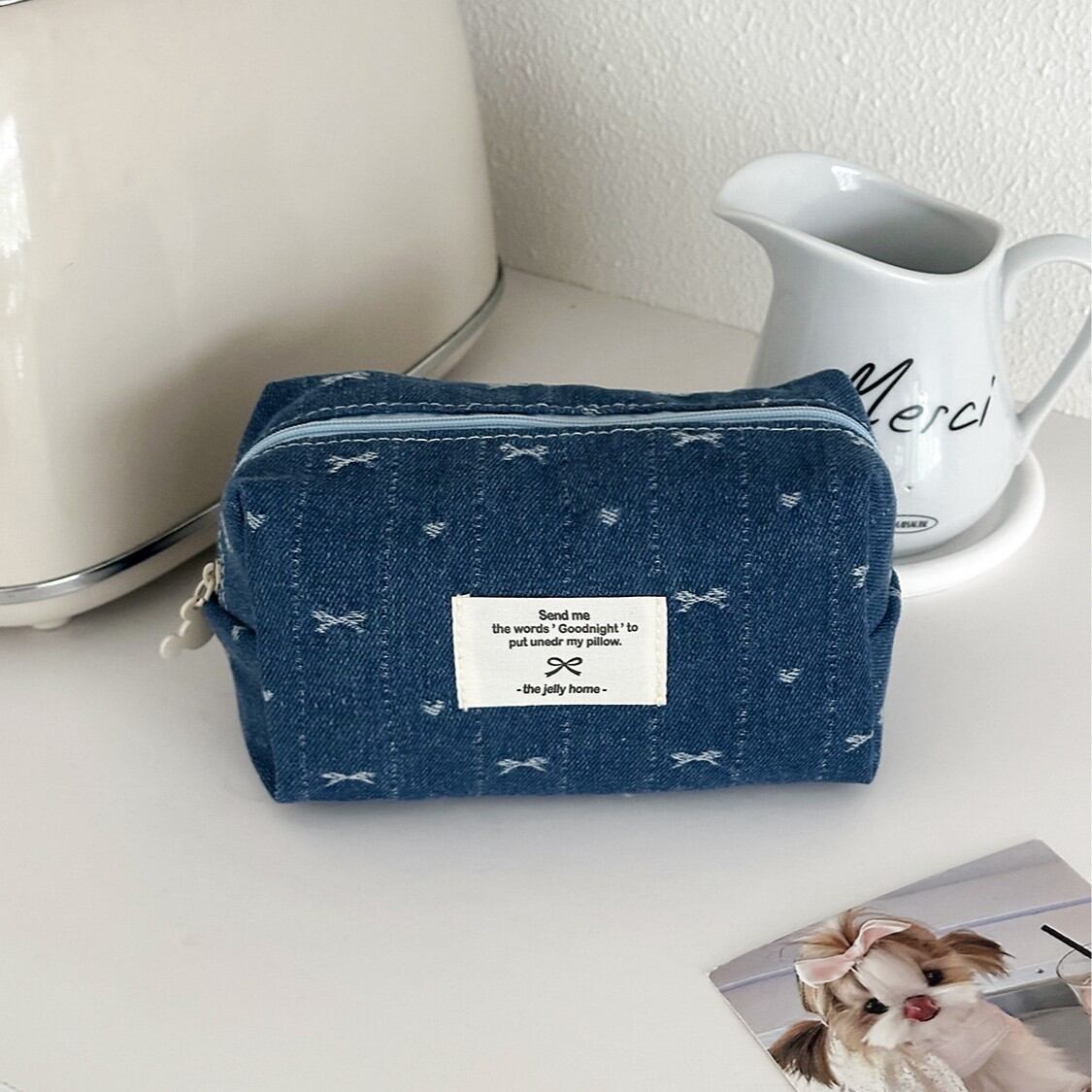 Make-uptasjes voor dames van denim met een schattige strik