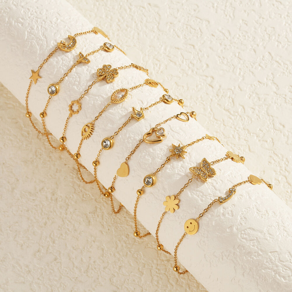 Elegante Damenarmbänder Der Simple Series Mit Herz- Und Sternkette, Aus Edelstahl, Wasserdicht, Goldfarben Bild2