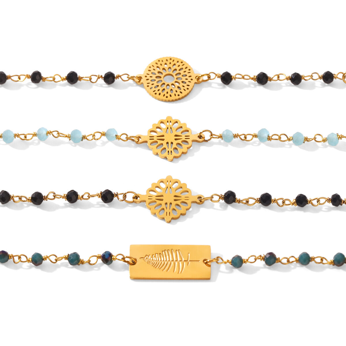 Pulseras De Cuentas Para Mujer De La Serie Simple Daily Beads, Con Cadena Calada, De Acero Inoxidable, Resistentes Al Agua Y Color Dorado. Imagen5