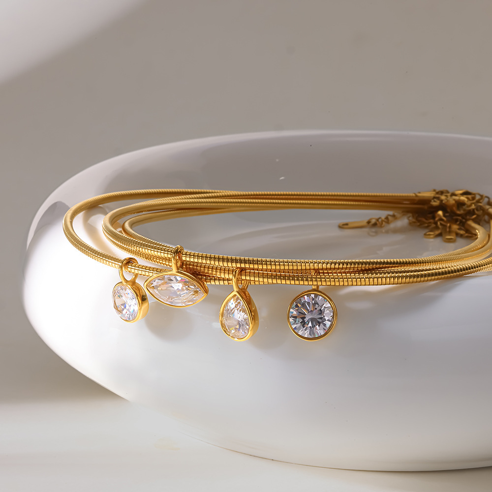 Simple Series Daily Droplet Ellipse Shape Stainless Steel Waterproof   Gold Color  Zircon Women's Chokers Picture3