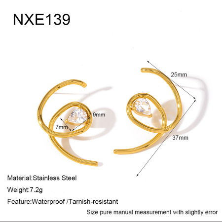 Simple Series Daily Droplet Lines Stainless Steel Waterproof   Gold Color  Zircon Women's Stud Earrings