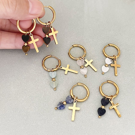 Simple Series Retro Heart Cross Stainless Steel Waterproof Gold Color Women's Beads Earrings 2