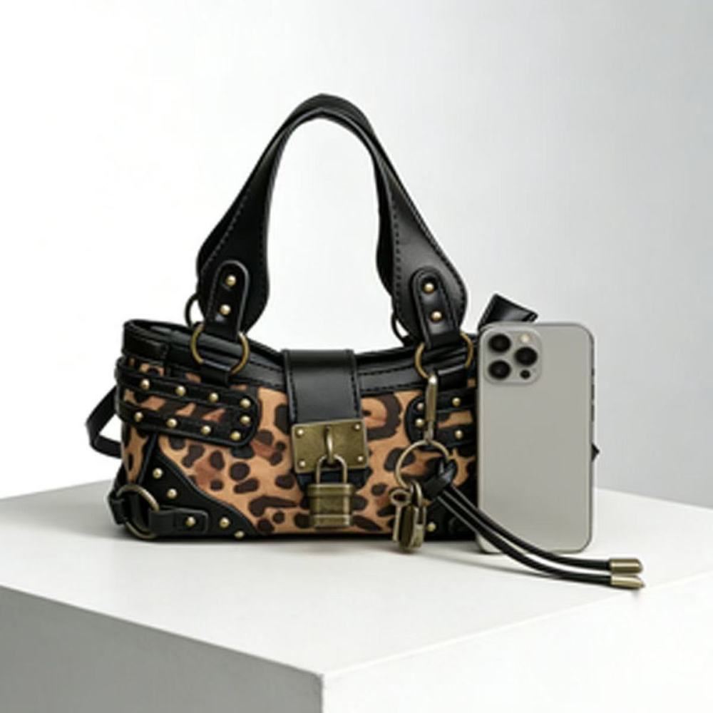 Streetwear Style Metal Hardware Patchwork Printed Studded Patchwork Leopard Print Lock Rivet Pu Women's Square Handbags Picture3