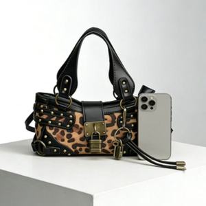 Streetwear Style Metal Hardware Patchwork Printed Studded Patchwork Leopard Print Lock Rivet Pu Women's Square Handbags h5 Picture3