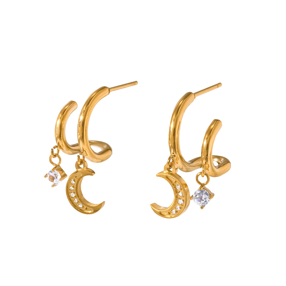 Romantic Series Daily Lines Moon Stainless Steel Waterproof   Gold Color  Zircon Women's Stud Earrings Picture4