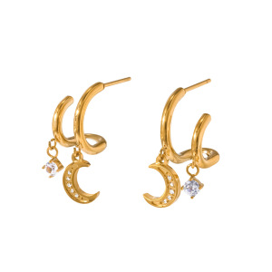 Romantic Series Daily Lines Moon Stainless Steel Waterproof   Gold Color  Zircon Women's Stud Earrings h5 Picture4