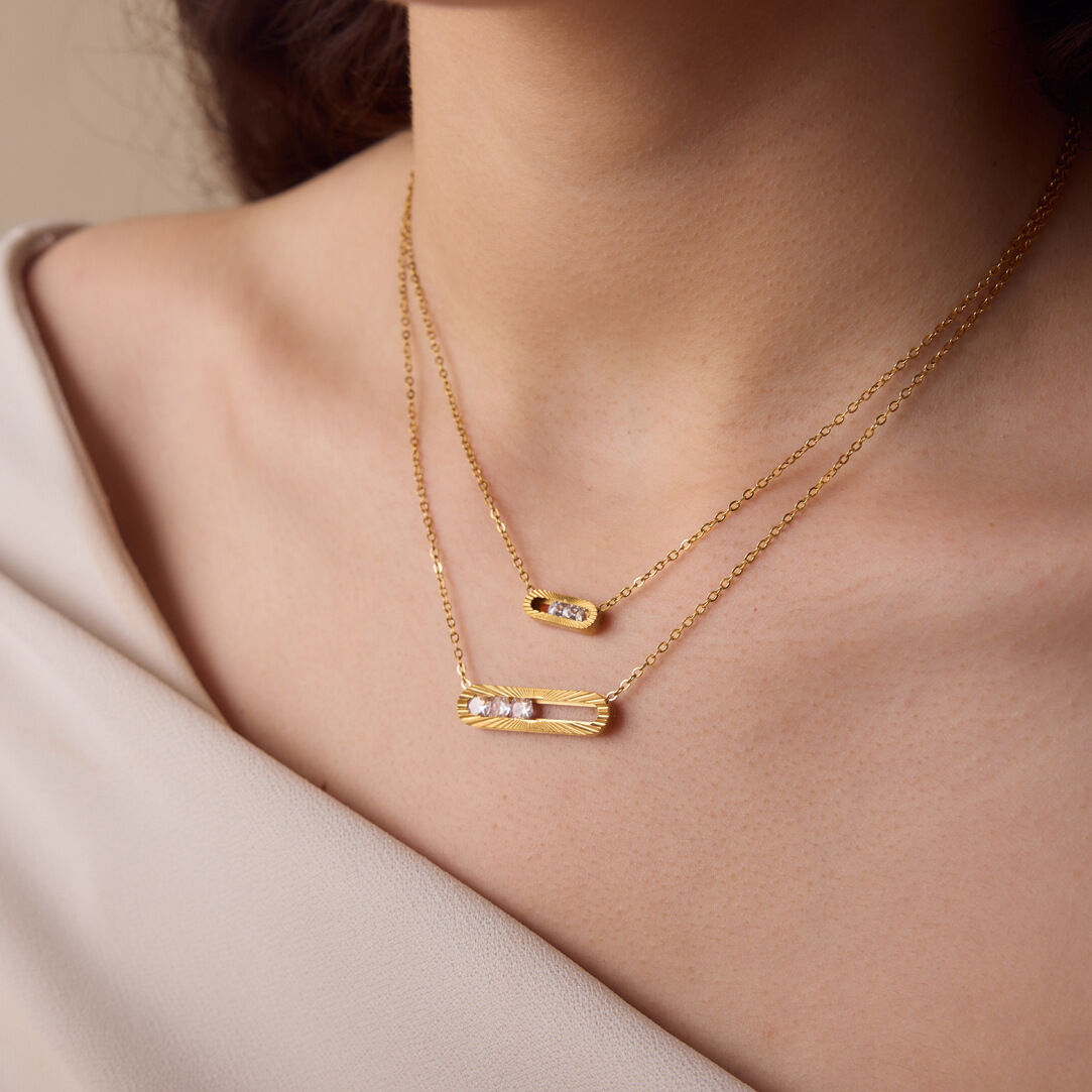 Geometric Shape Stainless Steel Waterproof Gold Color Zircon Women's Pendant Necklaces h5 Picture4