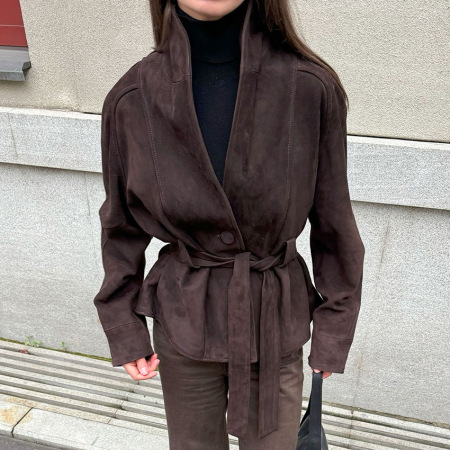 Retro Solid Color Tie-Up Regular  Jackets & Coats