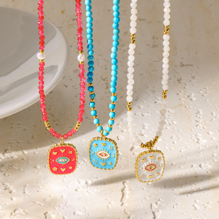 Simple Series Bohemian Devil's Eye Geometric Shape Stainless Steel Waterproof   Gold Color  Women's Beaded Necklaces