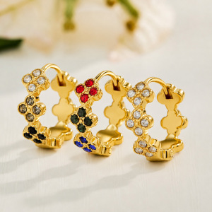 Romantic Series Sweet Flower Stainless Steel Waterproof Gold Color Zircon Women's Hoop Earrings h5 Picture2