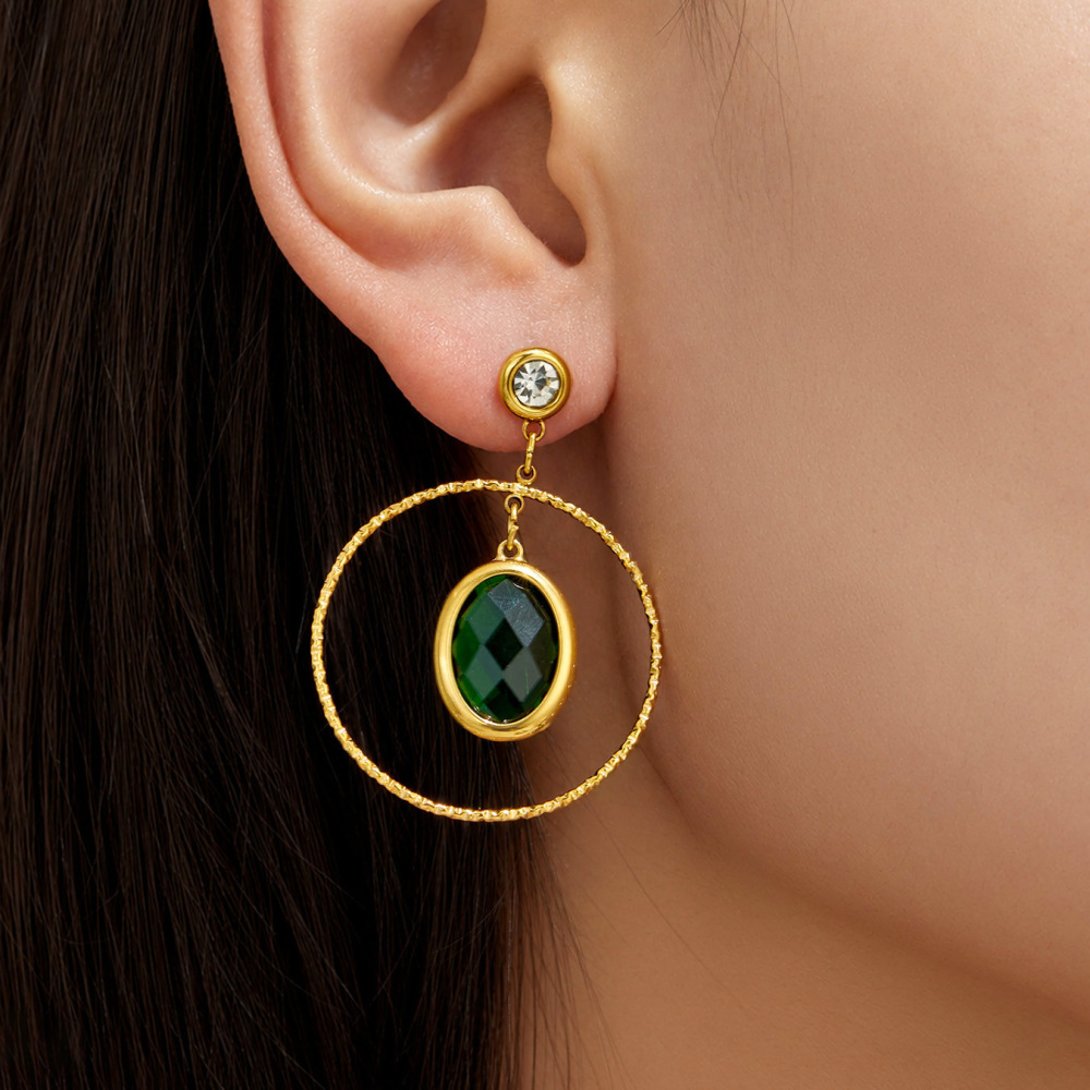 Romantic Series Glass Ellipse Shape Stainless Steel Waterproof Gold Color Zircon Women's Drop Earrings Picture4