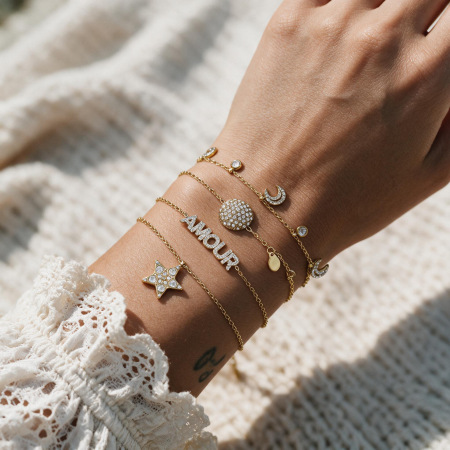 Letter Moon Stainless Steel Waterproof Gold Color Rhinestone Women's Charm Bracelets