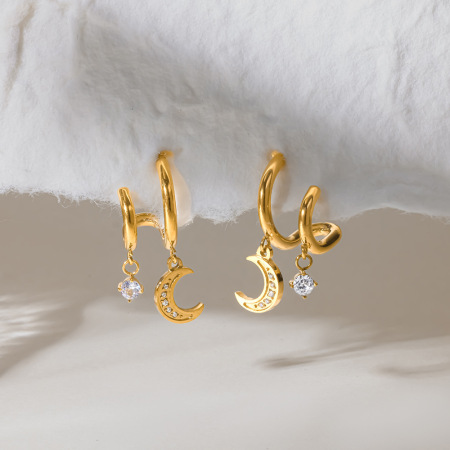 Romantic Series Daily Lines Moon Stainless Steel Waterproof Gold Color Zircon Women's Stud Earrings