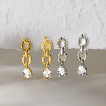 Simple Series Droplet Chain Stainless Steel Waterproof Gold Color Zircon Women's Dangle Earrings