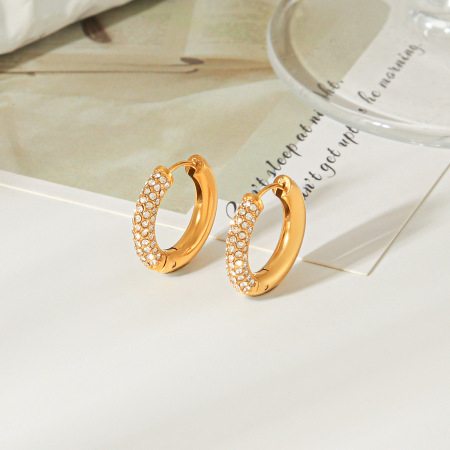 Luxurious Series Daily Circle Stainless Steel Waterproof   Gold Color  Zircon Women's Hoop Earrings 2
