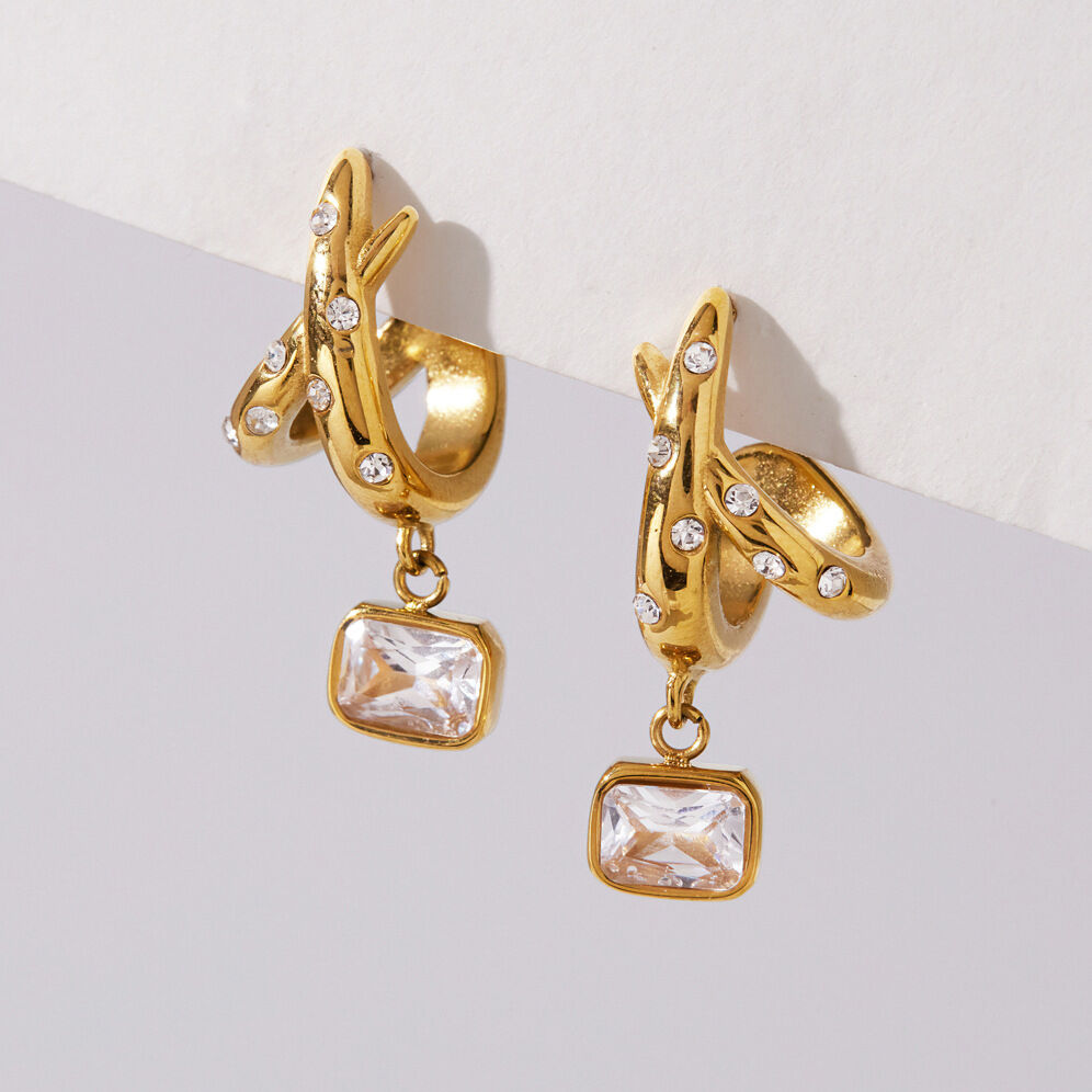 Geometric Shape Stainless Steel Waterproof Gold Color Rhinestone Zircon Women's Drop Earrings