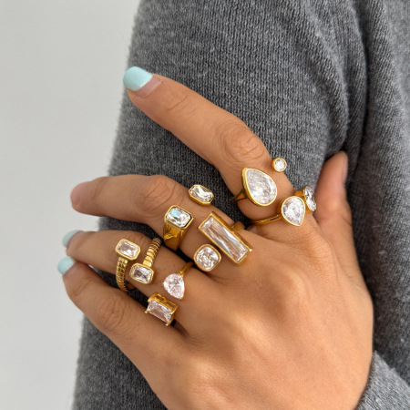 Luxurious Series Daily Droplet Geometric Shape Stainless Steel Waterproof Gold Color Zircon Women's Gemstone Rings