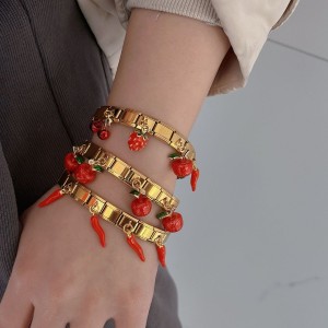 Luxurious Series Retro Fruit Patchwork Cherry Chili Stainless Steel Waterproof Gold Color Women's Bangles h5 Picture4
