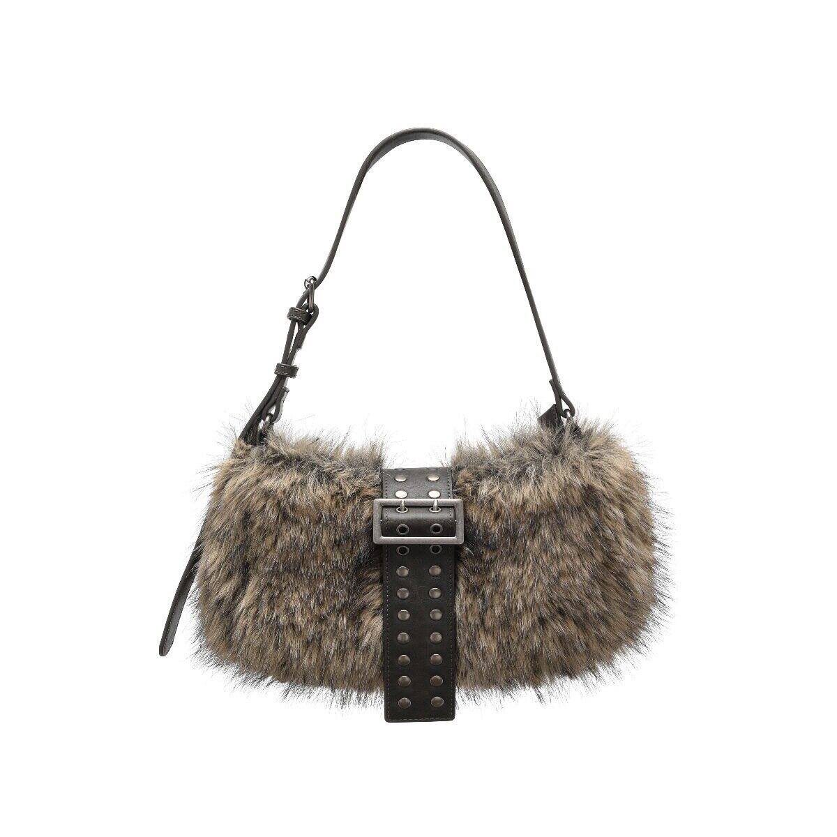 Borsa A Tracolla Da Donna In Stile Streetwear Con Dettagli In Metallo, Borchie, Tinta Unita E Rivetti, Effetto Pelliccia Sintetica. 