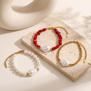 Simple Series Daily Irregular Shape Beads Stainless Steel Waterproof   Gold Color  Women's Beaded Bracelets h5 Picture3