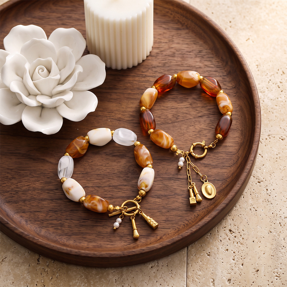 Classic  Elegant  Beads Gradient Color Stainless Steel Waterproof   Gold Color  Natural Stone Women's Beaded Bracelets Picture4