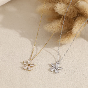 Flower Stainless Steel Waterproof Gold Color Zircon Women's Pendant Necklaces h5 Picture3