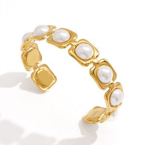 Classic Series Elegant Patchwork Geometric Shape Stainless Steel Waterproof Gold Color Women's Bangles h5 Picture5