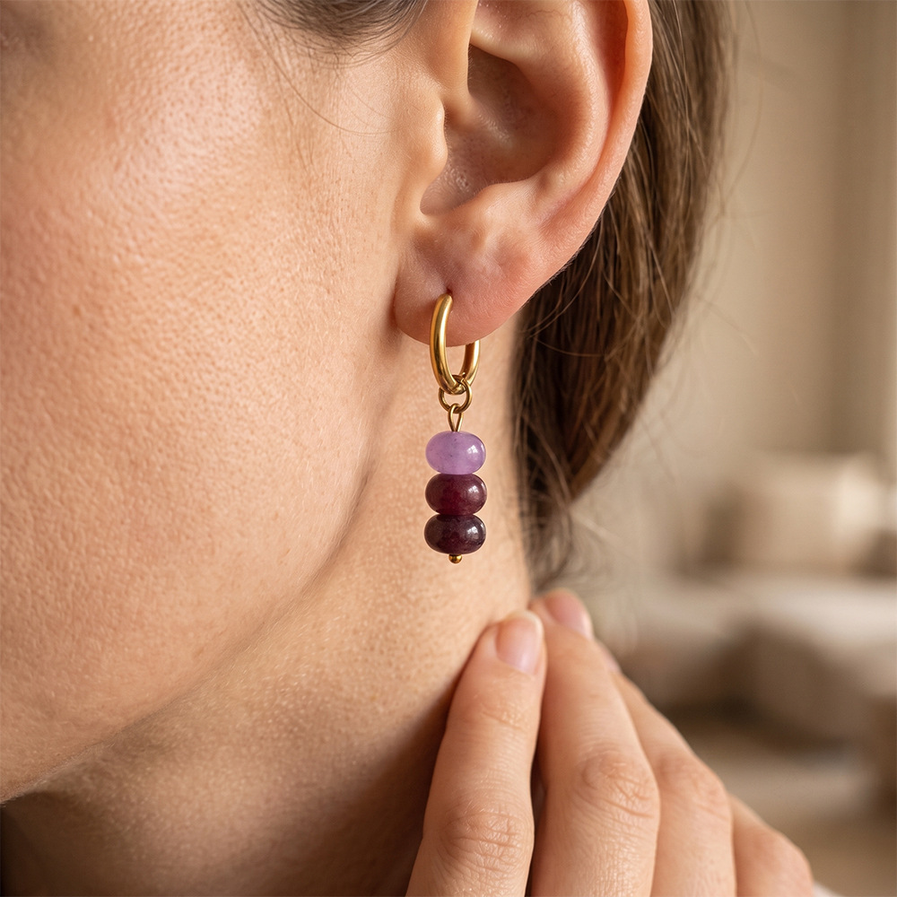 Simple Series Elegant Beads Circle Stainless Steel Waterproof   Gold Color  Natural Stone Women's Hoop Earrings Picture3