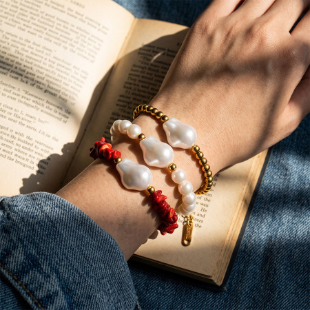 Simple Series Daily Irregular Shape Beads Stainless Steel Waterproof   Gold Color  Women's Beaded Bracelets