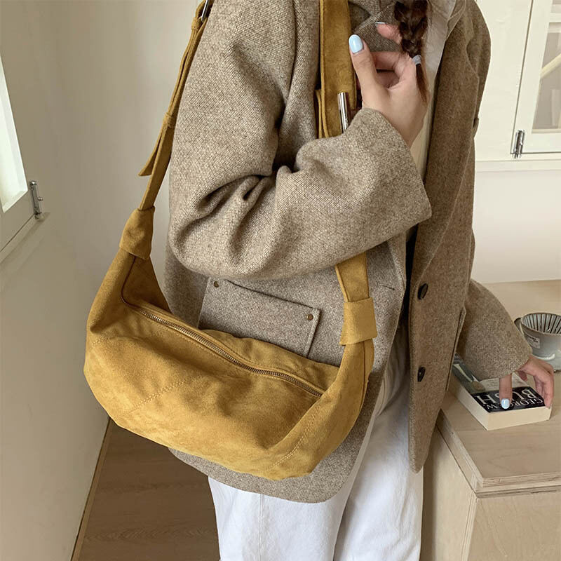 Borsa A Tracolla Da Donna In Pelle Scamosciata Con Patchwork A Tinta Unita, Stile Minimalista. h5Immagine5