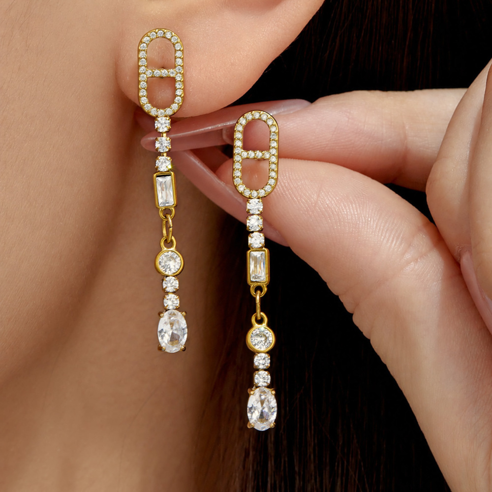 Luxurious Series Geometric Shape Stainless Steel Waterproof Gold Color Zircon Dangle Earrings Picture3