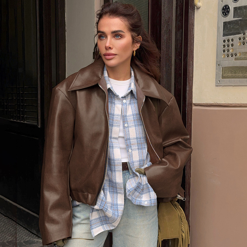 Retro Solid Color Regular Versatile Stylish Biker‑Style Jackets & Coats Picture4