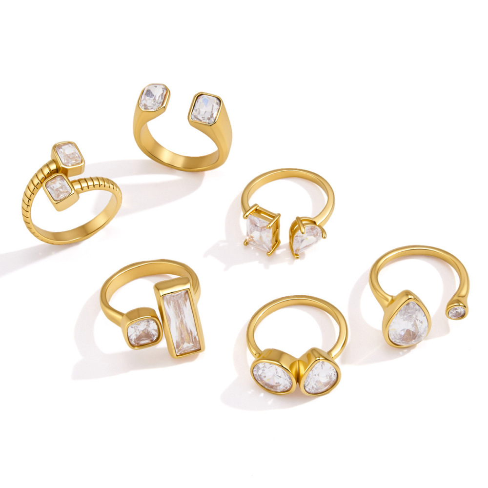 Luxurious Series Daily Droplet Geometric Shape Stainless Steel Waterproof   Gold Color  Zircon Women's Gemstone Rings Picture5
