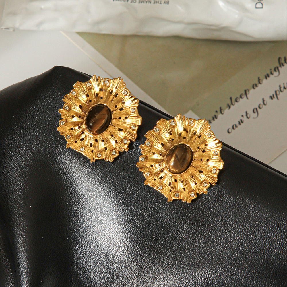 Retro Sun Shape Stainless Steel Waterproof Gold Color Natural Stone Zircon Women's Stud Earrings h5Picture3