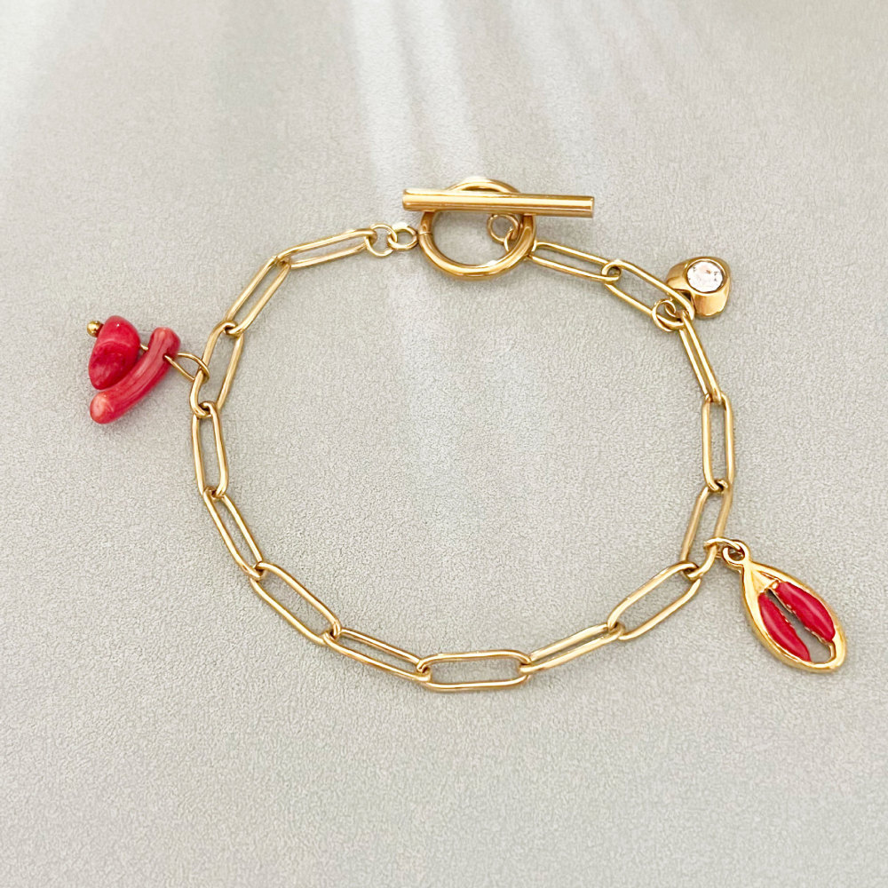 Simple Series Cute Chain Cherry Chili Stainless Steel Waterproof   Gold Color  Women's Charm Bracelets 