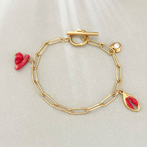 Simple Series Cute Chain Cherry Chili Stainless Steel Waterproof   Gold Color  Women's Charm Bracelets h5 