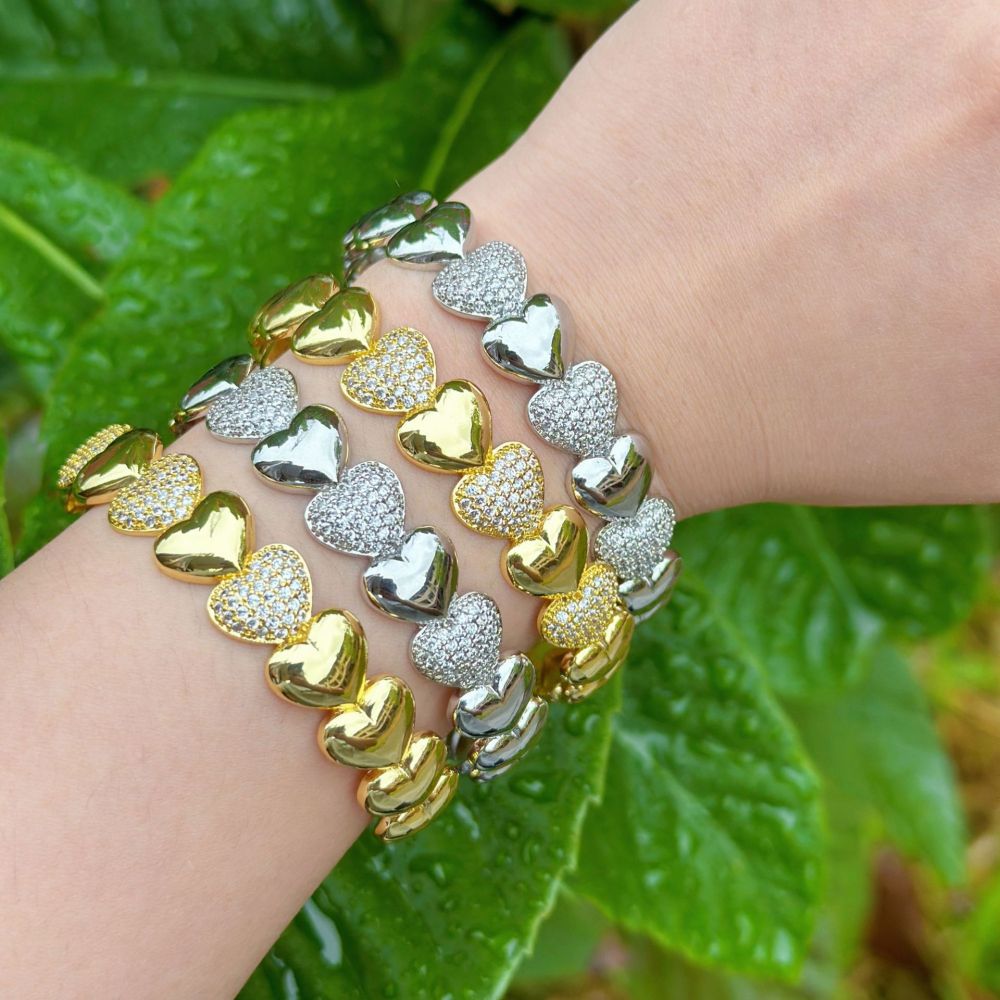Luxurious Series Simple Heart Patchwork Copper Gold Color Zircon Women's Bangles Picture3