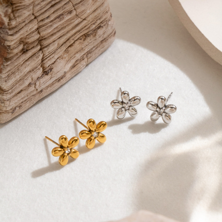 Flower Shape Stainless Steel Waterproof Gold Color Women's Stud Earrings 2