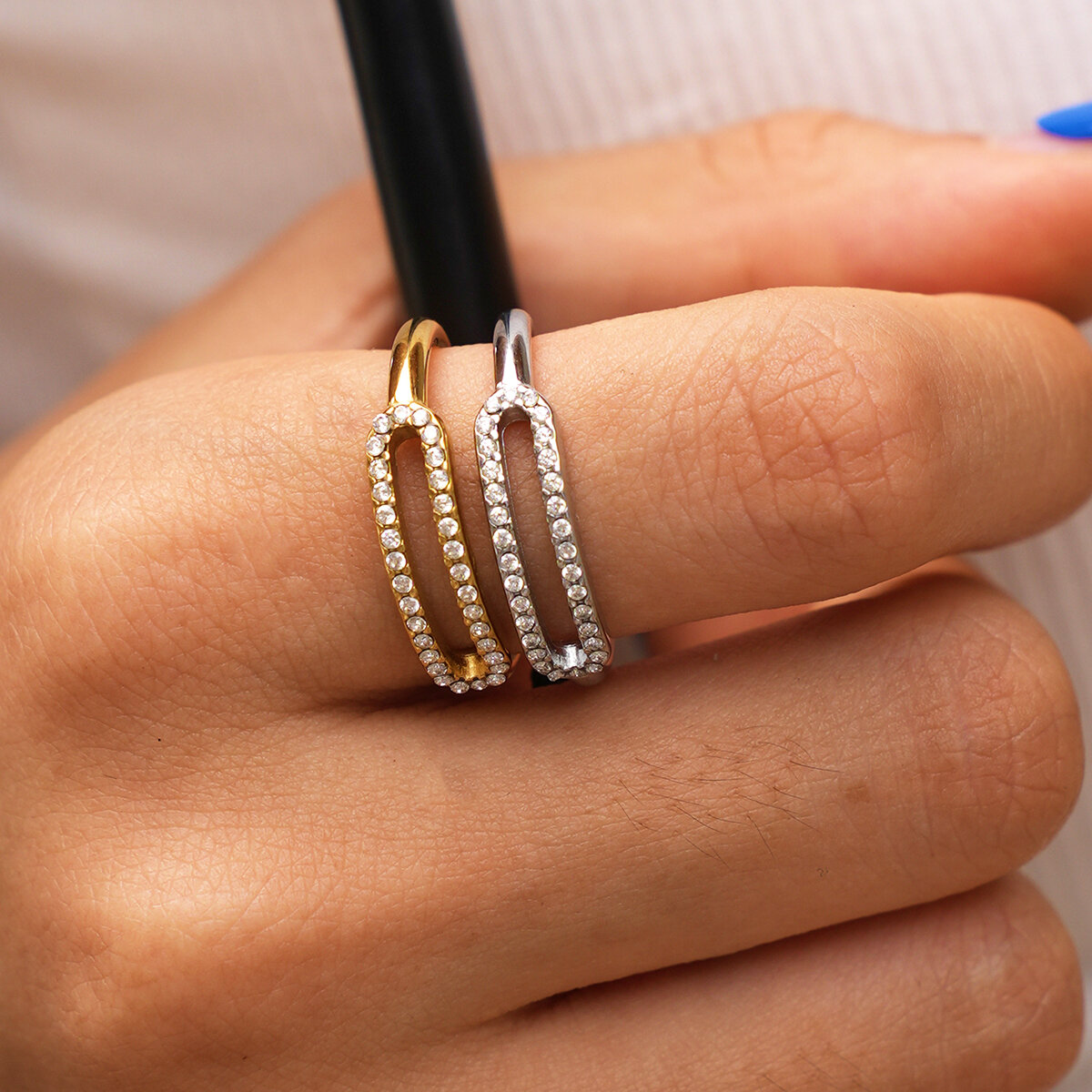 Simple Series Daily Irregular Shape Hollowed-Out Stainless Steel Waterproof   Gold Color  Rhinestone Ring Sets Picture4
