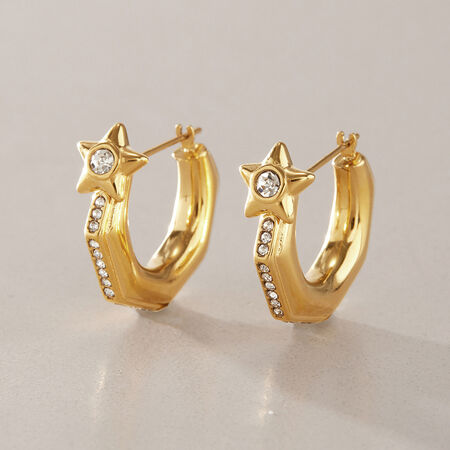 Simple Star Geometric Shape Stainless Steel Waterproof Gold Color Rhinestone Women's Hoop Earrings