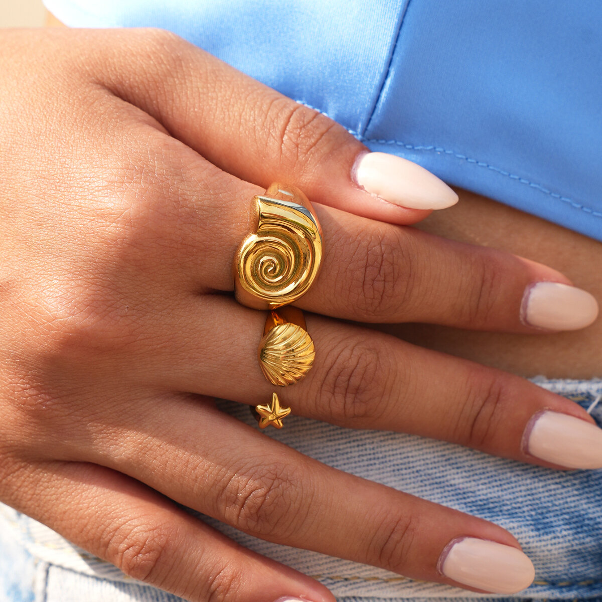 Anillos Llamativos De Acero Inoxidable Impermeables De Color Dorado De La Serie Simple Daily Shell Starfish Thread h5 Imagen3