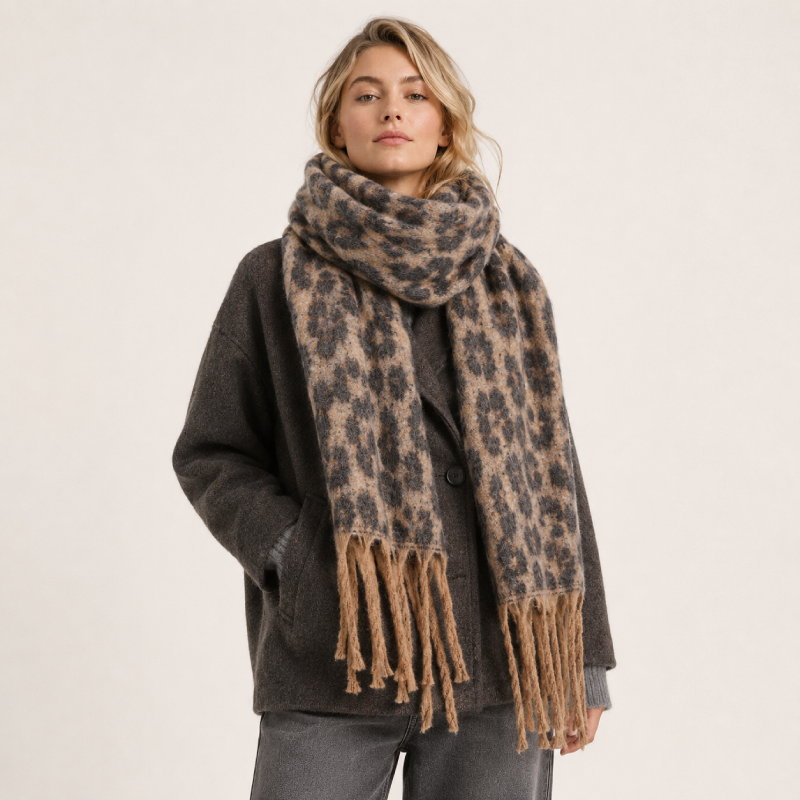 Sciarpe Invernali Simple Series Retro A Tinta Unita Con Stampa Leopardata E Nappine h5 Immagine2