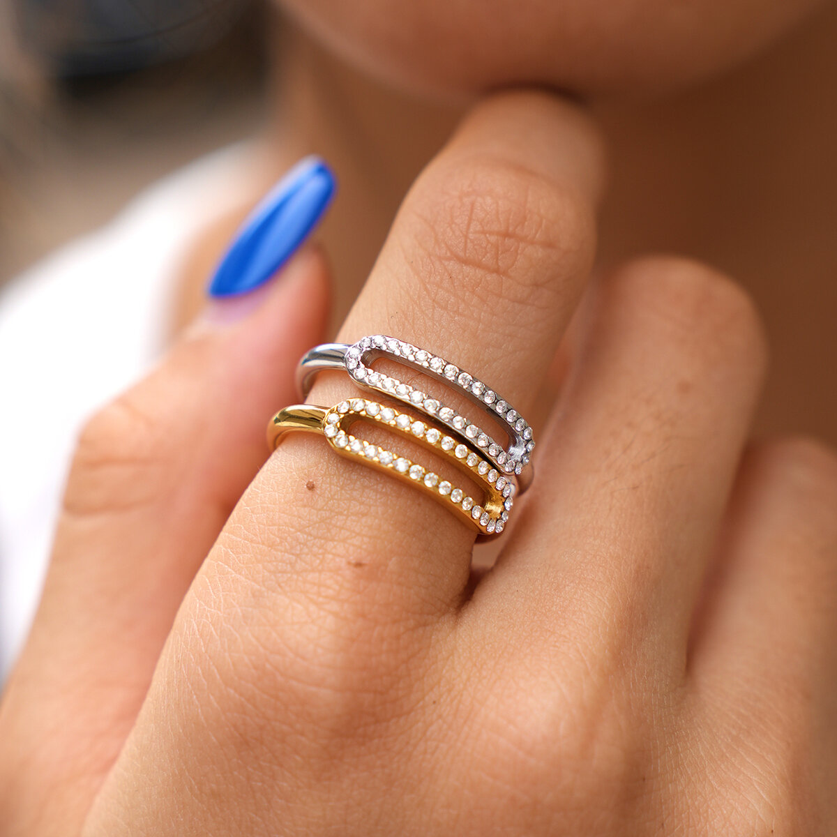 Simple Series Daily Irregular Shape Hollowed-Out Stainless Steel Waterproof   Gold Color  Rhinestone Ring Sets Picture2