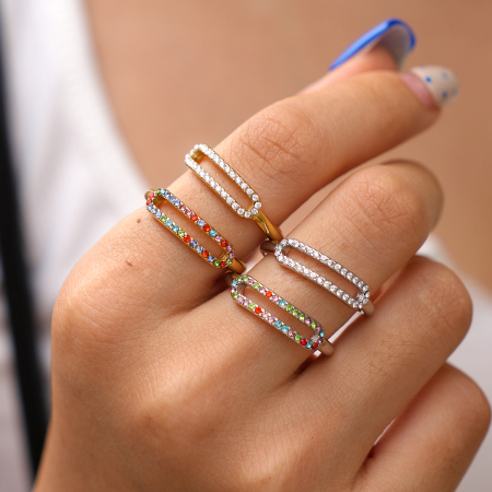 Simple Series Günlük Düzensiz Şekilli İçi Boş Paslanmaz Çelik Su Geçirmez Altın Renkli Rhinestone Yüzük Setleri