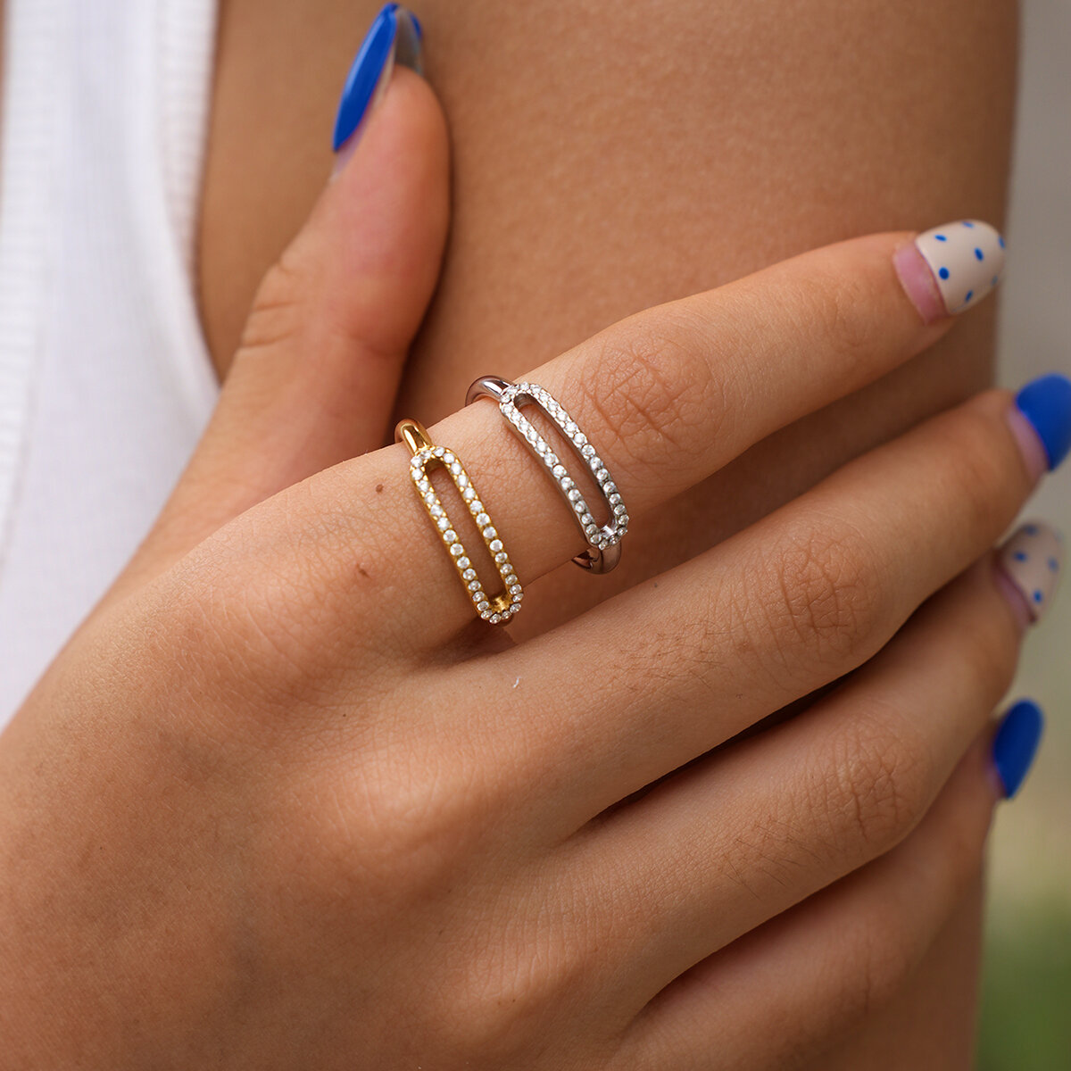 Simple Series Daily Irregular Shape Hollowed-Out Stainless Steel Waterproof   Gold Color  Rhinestone Ring Sets Picture3